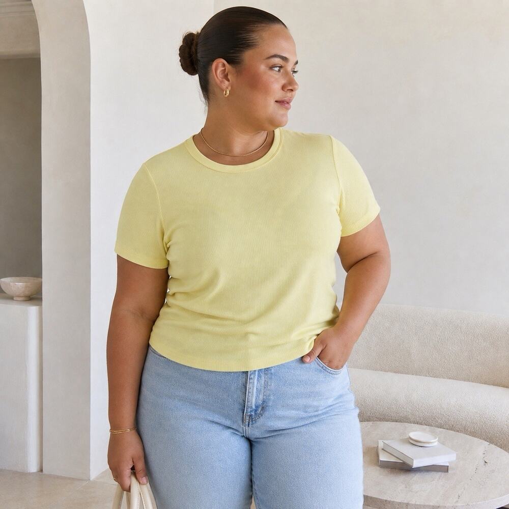 A New Day Women’s 1X Lemon Lime Yellow Green Ribbed T Shirt Modal Stretch NWT